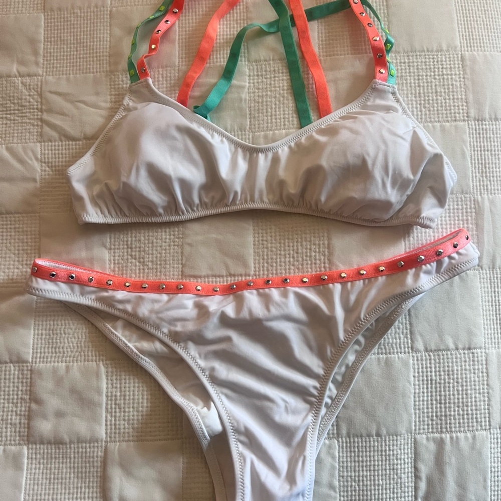 White Bikini with Orange and Green Straps